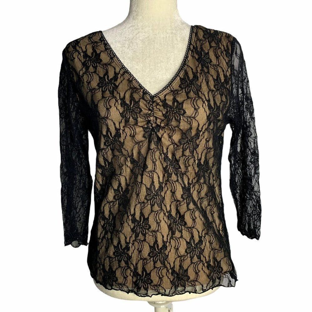 Vintage Floral Lace Long Sleeve Top L Black Nude